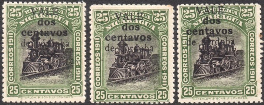Nicaragua stamps 1913 surcharges Locomotive 2c/25c types